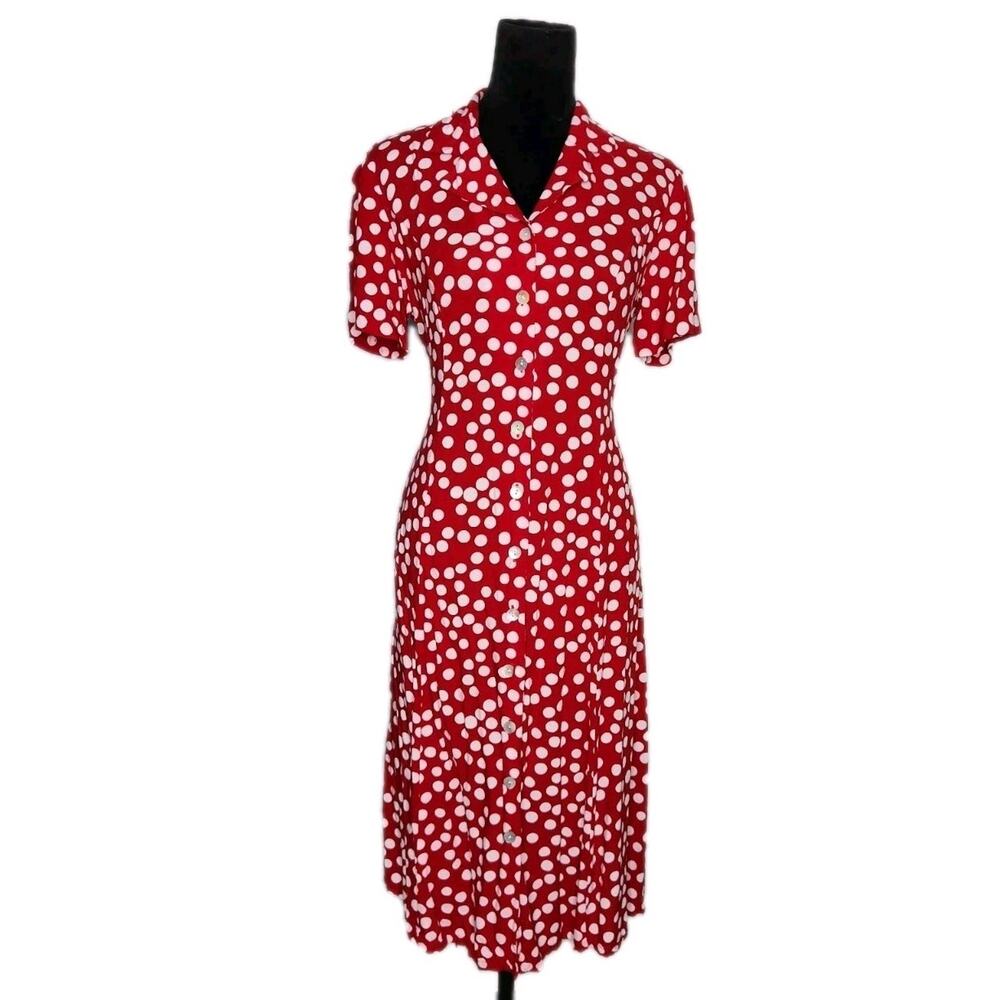 Vintage Bea Classics Red Polka Dots Button Front Midi Dress no size tag